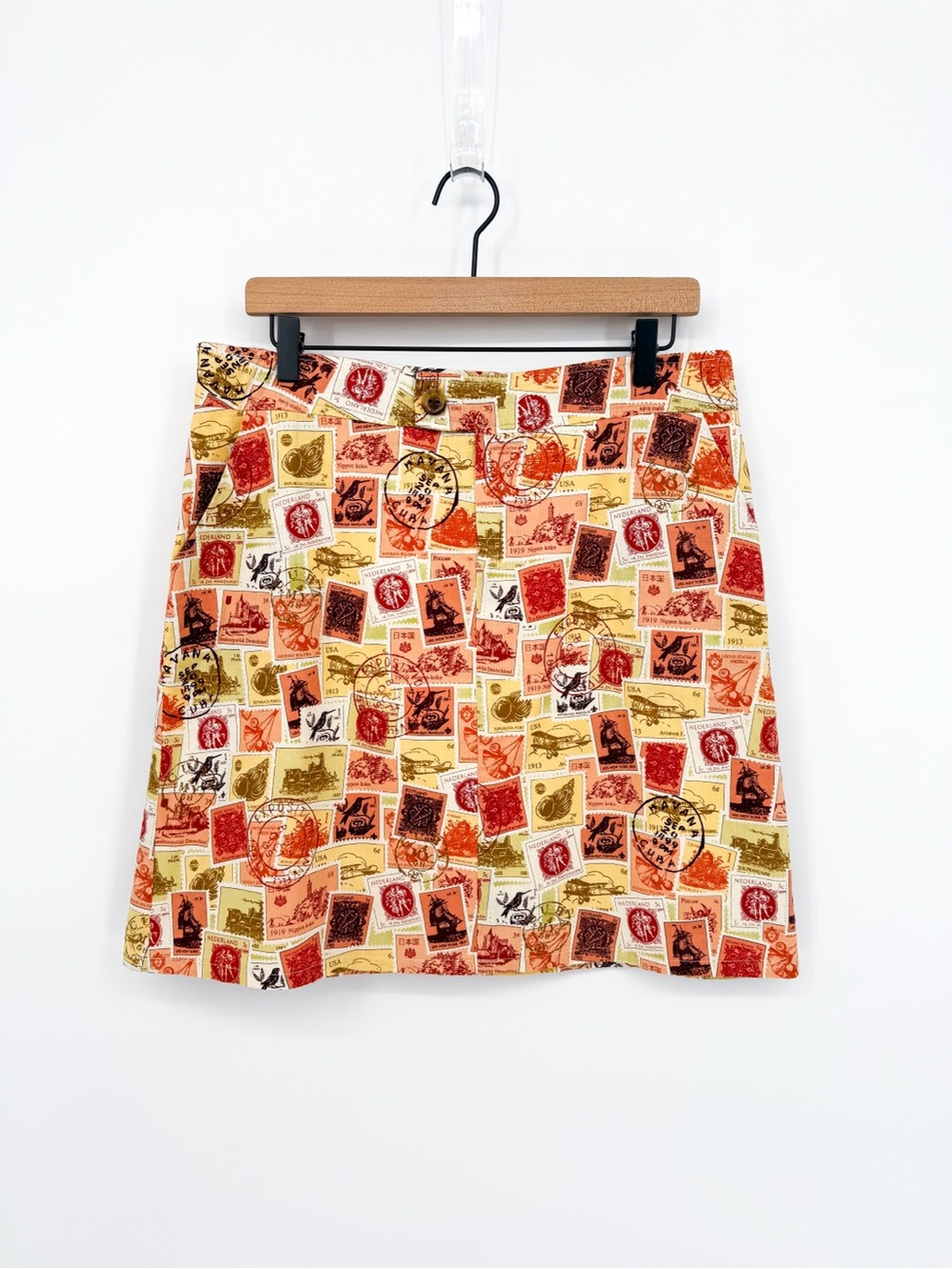 Vintage Allover International Postage Stamp Mini Skirt Novelty Print